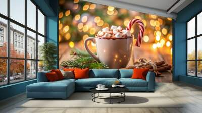 Steaming hot cocoa topped with fluffy marshmallows, a candy cane Wall mural