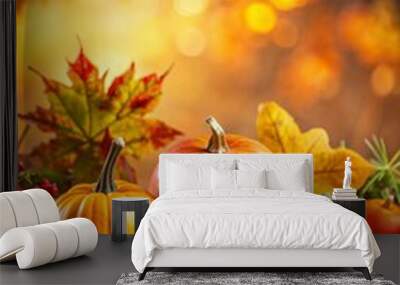 Thanksgiving and Autumn decoration concept made from autumn leaves and pumpkin  Wall mural