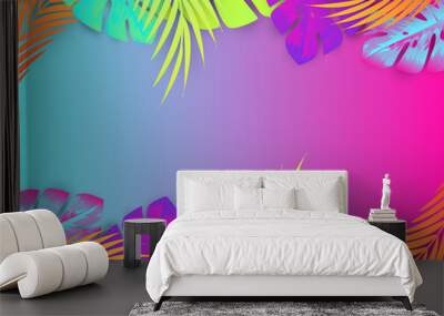 Colorful Tropical Paper Cut Exotic Tree Leaves with Gradient Colorful Background Hawaiian Jungle, Summertime Background for Designs Web Designs Banners Wall mural