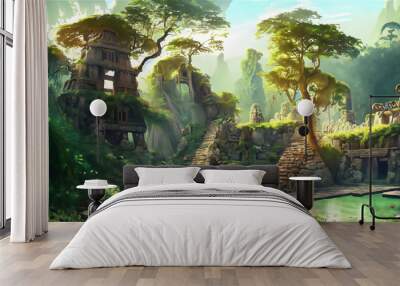 Forest Mayan style ancient culture. Mayan civilization forest cave. Concept art illustration painting of a beautiful ancient temple in the jungle. Wall mural