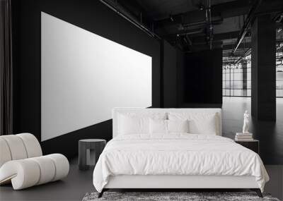 A white blank wall inside a dark grey and white large grid museum with a large LED screen on the right side, in a minimalistic, modern architectural style, mockup photography II Wall mural