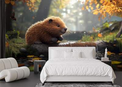 Beaver by the Waterfall. Wall mural