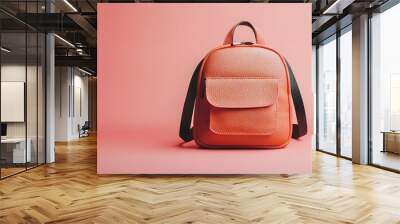 Coral Leather Backpack on a Pink Background. Wall mural