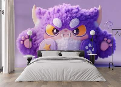 Cute Purple Furry Monster with Question Mark. Wall mural