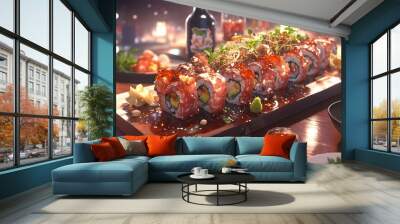 Delicious Japanese Sushi Rolls on a Wooden Plate. Wall mural