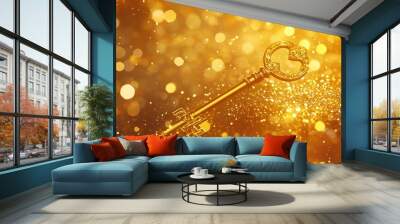 Golden Key on Glittering Background. Wall mural