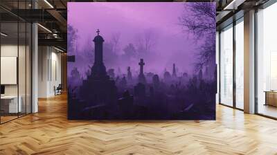 Purple Haze Cemetery: A haunting and ethereal image of a cemetery shrouded in purple mist, with towering headstones and crosses silhouetted against the eerie glow.  The image evokes feelings of myster Wall mural