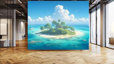 Tropical island paradise with turquoise water, sandy beach, palm trees, and a sunny sky Wall mural