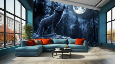 Wolf Howling at the Moon in a Forest. Wall mural