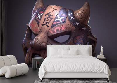 Wooden Demon Mask with Horns and Japanese Characters. Wall mural