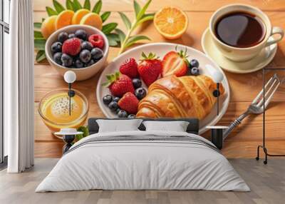 Delicious breakfast with fresh croissant, berries and orange juice on wooden table Wall mural