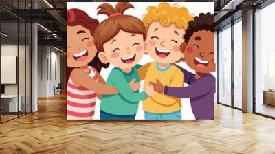 Group of diverse children hugging and smiling Wall mural