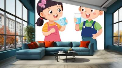 Happy children smiling and drinking water from glasses Wall mural