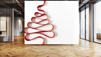 Bright red ribbon christmas tree horizontal greeting card isolated on white. Wall mural