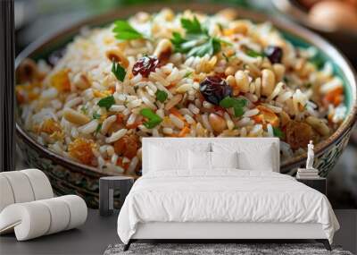 A bowl filled with traditional Turkish rice pilaf topped with pine nuts and currants, resting on a table. Wall mural