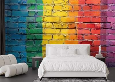 A brick wall covered in vibrant rainbow colors with a rainbow painted on it, creating a colorful and cheerful display. Wall mural