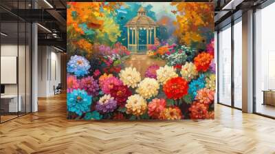 A colorful painting featuring various flowers in bloom surrounding a gazebo in a garden setting. Wall mural