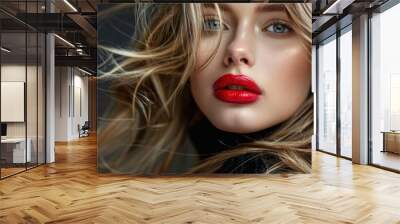 A fashionable woman with long blonde hair and vibrant red lipstick. Wall mural