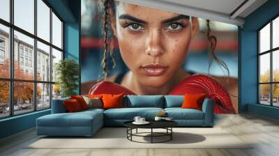 A focused Hispanic female boxer with freckles on her face wearing boxing gloves. Wall mural