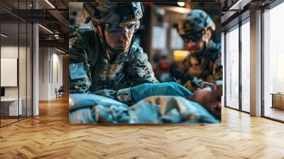 A group of military men in uniform are in a hospital, possibly receiving medical treatment or visiting injured comrades. Wall mural