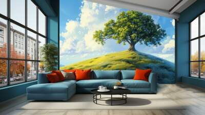 A painting featuring a tall tree situated on a hill, showcasing the beauty of natures landscape. Wall mural