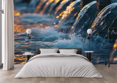 A row of pipes at an oil and gas pow releasing water in a continuous flow, creating a dynamic fountain. Wall mural