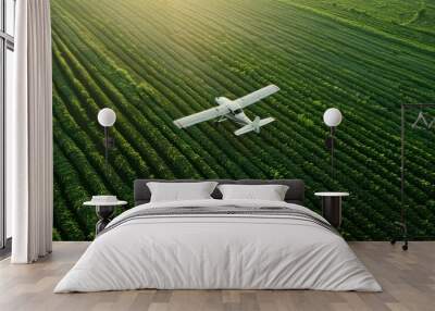 A small airplane flies gracefully over a vibrant green field, showcasing the contrast between man-made and natural elements. Wall mural