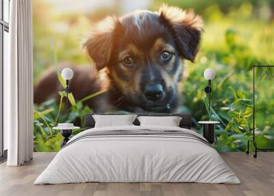 A Small Brown Dog Resting in the Grass Wall mural