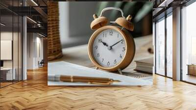 An alarm clock is positioned on top of a wooden table, with a pen nearby. Wall mural