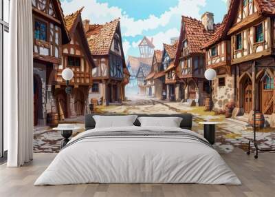 Charming medieval village street with rustic houses and cobblestone pathway on a sunny day Wall mural