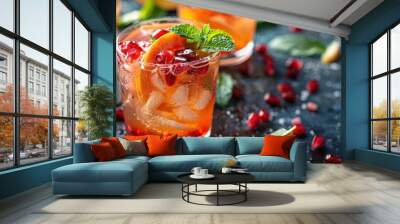 Close Up of Citrus and Pomegranate Drink on Table Wall mural