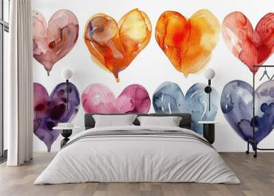 Colorful watercolor hearts in various shades arranged in two rows on a white background Wall mural