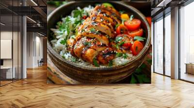 Delicious grilled chicken with rice and fresh vegetables on wooden table Wall mural