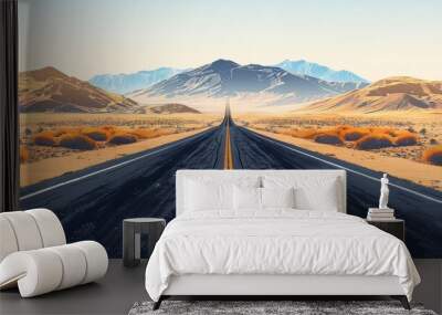 Desert highway stretching toward mountains under a clear sky at dawn Wall mural