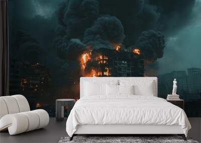 Fire engulfs apartment building during intense night of destruction in urban setting Wall mural