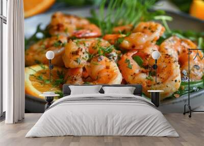 Fresh shrimp with greens and orange slices Wall mural