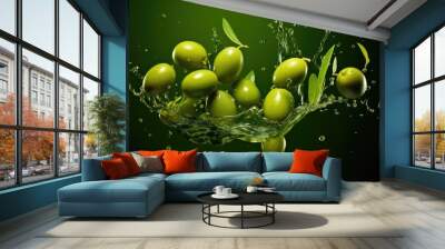 Green olives with green leaves and water drops on a green background Wall mural