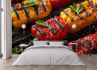 Grilled red and yellow peppers on skewers Wall mural