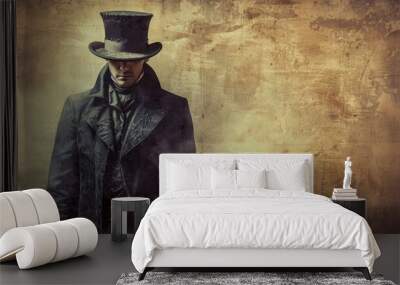 Mysterious figure wearing a top hat and coat standing against a textured background Wall mural