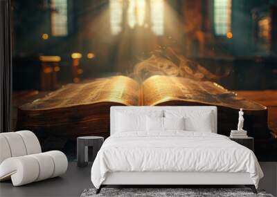 Open book glowing in a dusty library with sunlight streaming through windows Wall mural