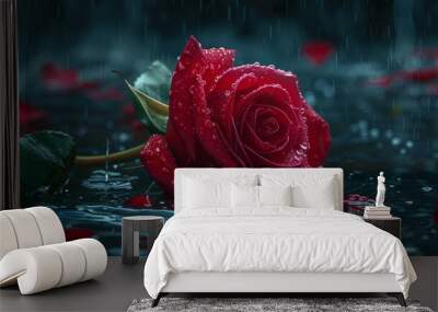 Red rose surrounded by rain in a dark setting with scattered petals Wall mural