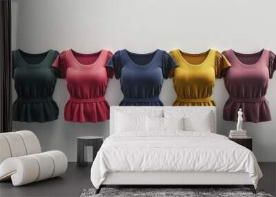 Stylish women's tops in various colors displayed on mannequins against a simple background Wall mural