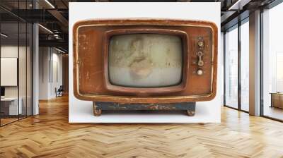 Vintage television set with wooden frame and knobs on display against a plain background Wall mural