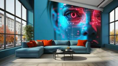 Woman with red eyes and futuristic face Wall mural