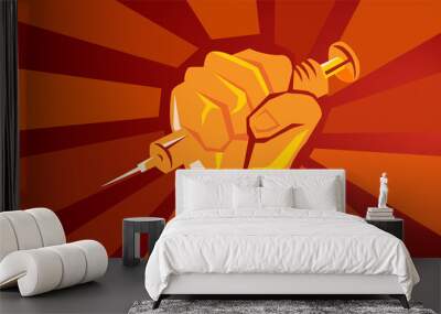 covid-19 vaccination poster hand holding vaccine syringe symbol of fighting pandemic red background design Wall mural