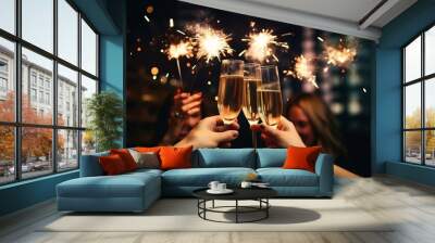 Friends celebrating Christmas or New Year eve party with Bengal lights and rose champagne. Wall mural