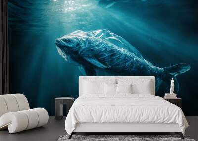 A distressed marine life entangled in a plastic bag floating on the ocean surface, AI generated Wall mural