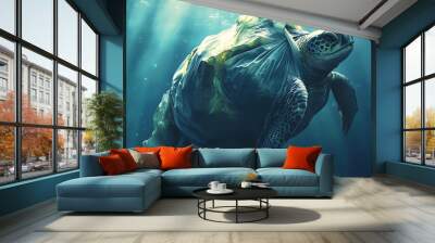 A distressed marine life entangled in a plastic bag floating on the ocean surface, AI generated Wall mural