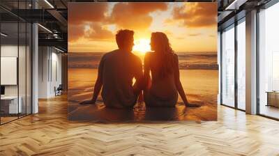 couple on the beach at sunset, AI generated Wall mural