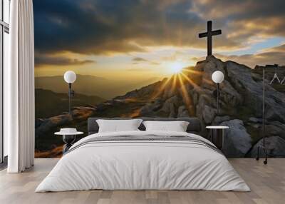 mountain cross at sunset, AI generated Wall mural